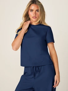 MISSGUIDED Relaxed Wide Leg Drawstring Two-Piece Outfit With Short Sleeve Crew Neck Top And Flowy Trousers - Navy Blue - View 5