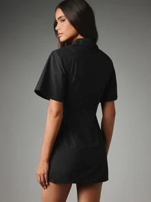 MISSGUIDED 短袖荷葉袖鈕扣式迷你襯衫洋裝，領口領圈設計，金色壓扣，夏季日系洋裝 - 黑色 - 查看 4