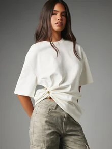 MISSGUIDED Oversized Boxy Crew Neck Short Sleeve T-Shirt With Pearl Button Ruched Hem Detail Casual Summer Top - White - View 1