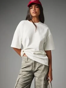 MISSGUIDED Oversized Boxy Crew Neck Short Sleeve T-Shirt With Pearl Button Ruched Hem Detail Casual Summer Top - White - View 5