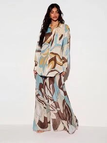 KIZN Printed Mesh Wide Leg Sheer Trouser With Abstract Floral Swirl Pattern, Maxi Length, Drawstring Waist, Summer Beach Vacation - Brown - View 3