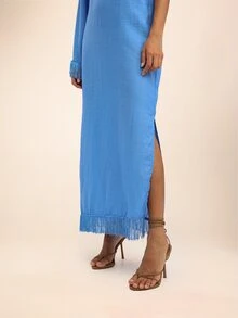 Dancing Leopard Blue One-Shoulder Fringe Long Dress, Holiday/Vacation Wear - Blue - View 5