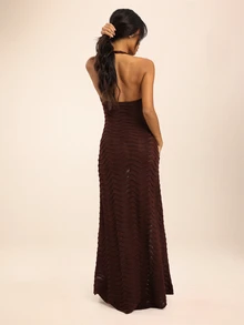 Dancing Leopard Dark Brown Halterneck Cut-Out Knit Dress, Holiday/Vacation Beach Summer Tropical Sexy - Coffee Brown - View 2