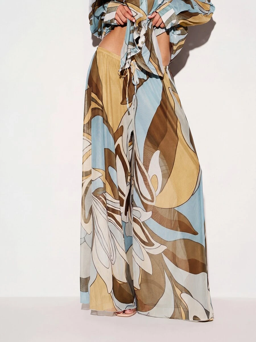 KIZN Printed Mesh Wide Leg Sheer Trouser With Abstract Floral Swirl Pattern, Maxi Length, Drawstring Waist, Summer Beach Vacation - Brown - View 1