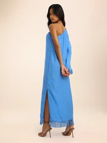 Dancing Leopard Blue One-Shoulder Fringe Long Dress, Holiday/Vacation Wear - Blue - View 2