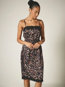 KSTM Leopard Print Satin Slip Midi Dress With Lace Trim Scallop Hem Drawstring Waist Spaghetti Straps Summer Party - Multicolor - View 4