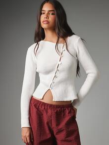 MISSGUIDED Ribbed Knit Crop Cardigan With Asymmetric Button Front Closure Boat Neck Long Sleeve Fitted Sweater Top - White - View 1