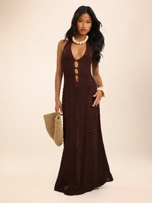 Dancing Leopard Dark Brown Halterneck Cut-Out Knit Dress, Holiday/Vacation Beach Summer Tropical Sexy - Coffee Brown - View 3