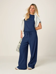 MISSGUIDED Relaxed Wide Leg Drawstring Two-Piece Outfit With Short Sleeve Crew Neck Top And Flowy Trousers - Navy Blue - View 4
