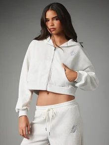 MISSGUIDED Hoodie Crop Full-Zip dengan Detail Logo Bordir, Potongan Oversized, Atasan Fleece Kasual Lengan Panjang - Light Grey - View 2