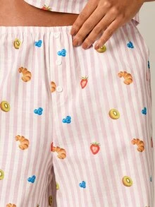 AiiRZ Printed Linen Feel Pajama Set With Cami Top And Wide-Leg Pants Fruit Print Striped Lounge Co-Ord - Pink - View 4