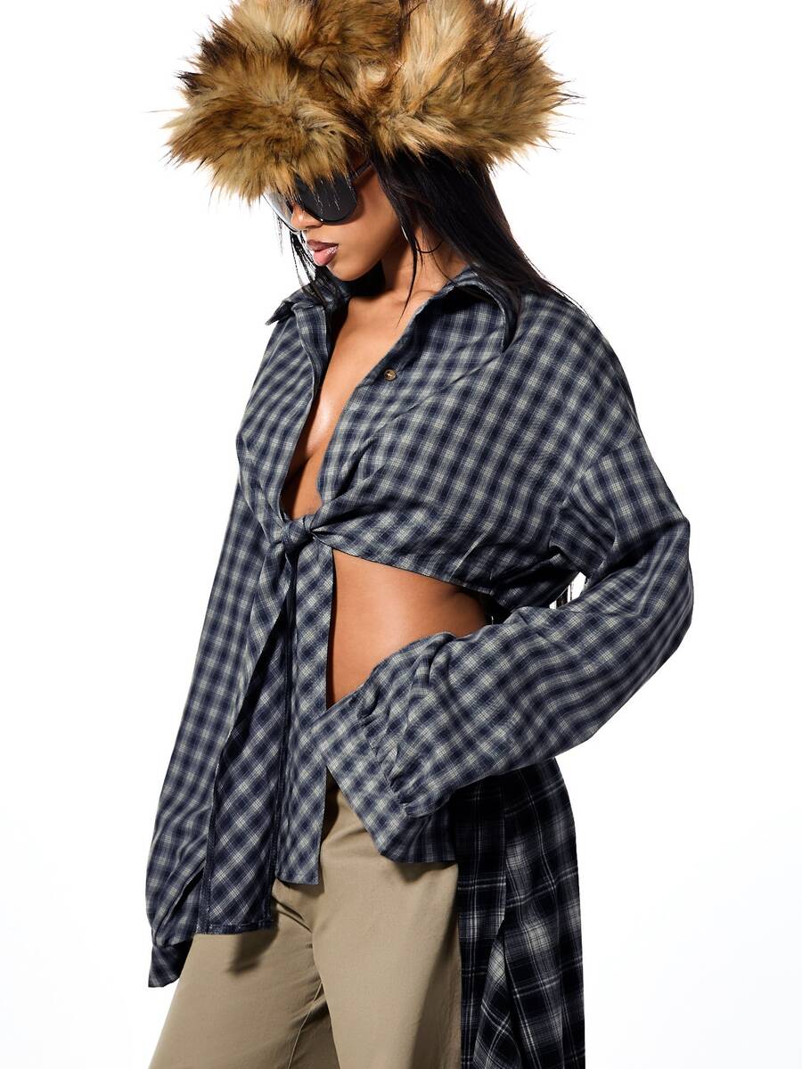 SUMWON WOMEN Gaun Kemeja Flanel Kotak-kotak Ukuran Besar dengan Bagian Belakang Panjang, Ikat Depan, Model Crop, Kancing Depan, Atasan Musim Gugur/Musim Dingin - Navy Blue - View 1