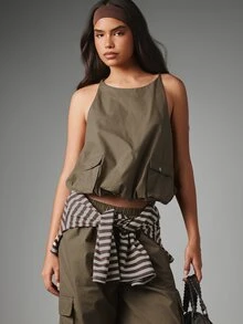 MISSGUIDED Cargo Co-Ord Set Sleeveless Tank Top And Wide Leg Cargo Pants Matching Two-Piece Summer Festival Outfit - Army Green - View 3