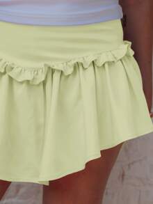 Pimkie Edition Solid Color Asymmetric Hem Ruffle Skort - Yellow - View 4