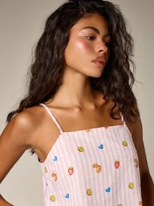 AiiRZ Printed Linen Feel Pajama Set With Cami Top And Wide-Leg Pants Fruit Print Striped Lounge Co-Ord - Pink - View 6