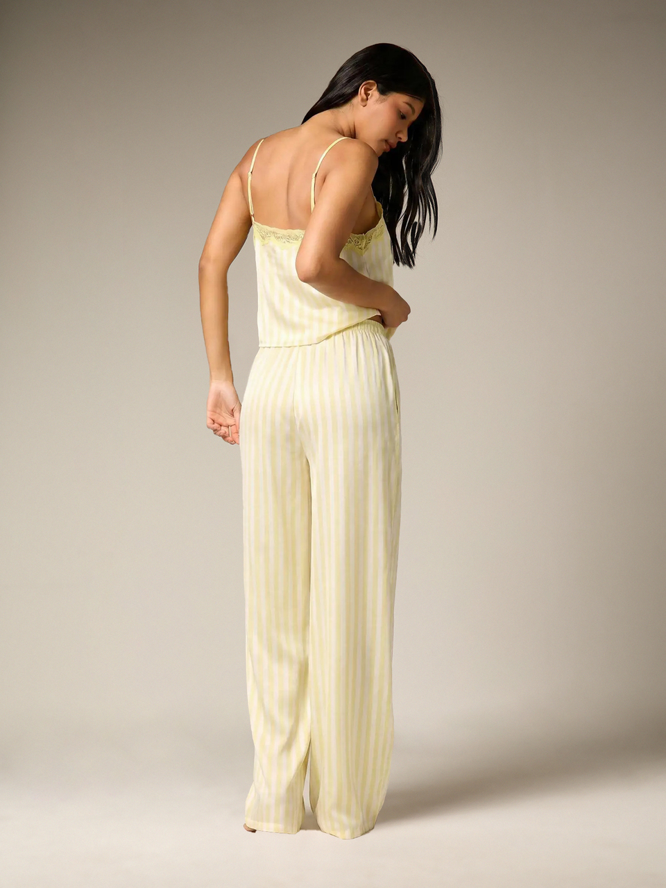 AiiRZ Striped Satin Cami Top And Wide Leg Pants Set With Lace Trim