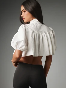 MISSGUIDED Puff Sleeve Cropped Blouse With High Neck And Gathered Pleated Detail Perfect For Summer Occasions - White - View 2