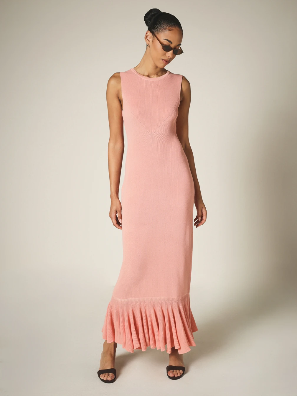 rib knit summer dress KSTM Ribbed Sleeveless Maxi With Ruffle Hem Detail Crew Neck Body-Con Evening Style,XL knit dress