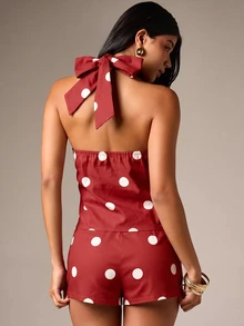 AiiRZ Polka Dot Halter Neck Top With Gold Ring Detail And Bow Tie Back Summer Vacation Style - Red - View 2