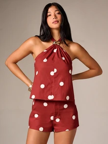 AiiRZ Polka Dot Halter Neck Top With Gold Ring Detail And Bow Tie Back Summer Vacation Style - Red - View 4