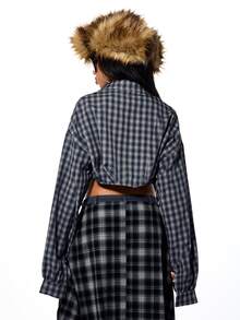 SUMWON WOMEN Gaun Kemeja Flanel Kotak-kotak Ukuran Besar dengan Bagian Belakang Panjang, Ikat Depan, Model Crop, Kancing Depan, Atasan Musim Gugur/Musim Dingin - Navy Blue - View 2
