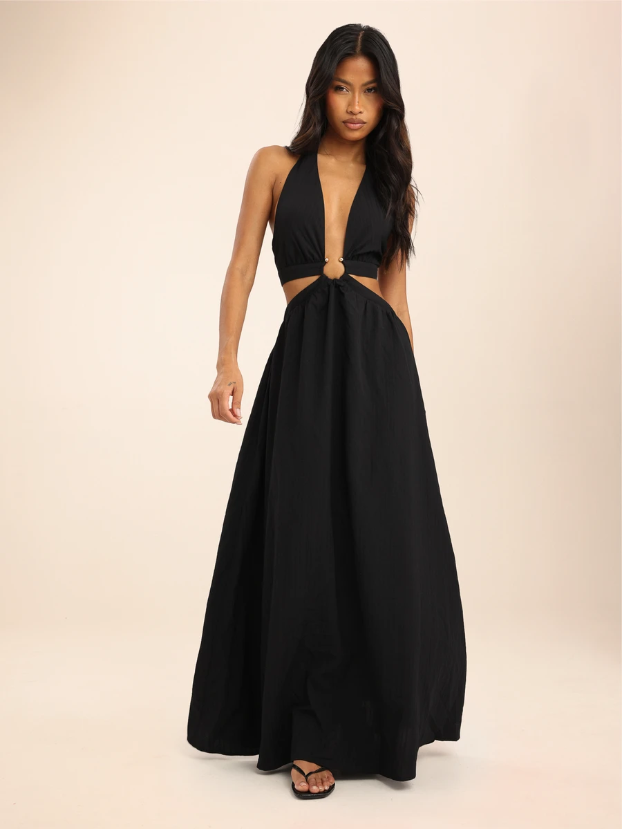 Dancing Leopard Black Halterneck Ring-Trim Cut-Out Maxi Dress Holiday ...
