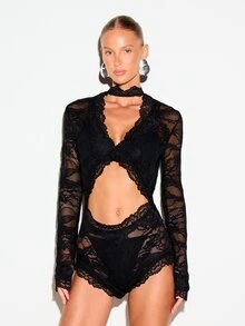 KIZN Lace Trim Keyhole Cut-Out Playsuit With Mock Neck Long Sleeve Sheer Floral Lace Party Romper - Black - View 1