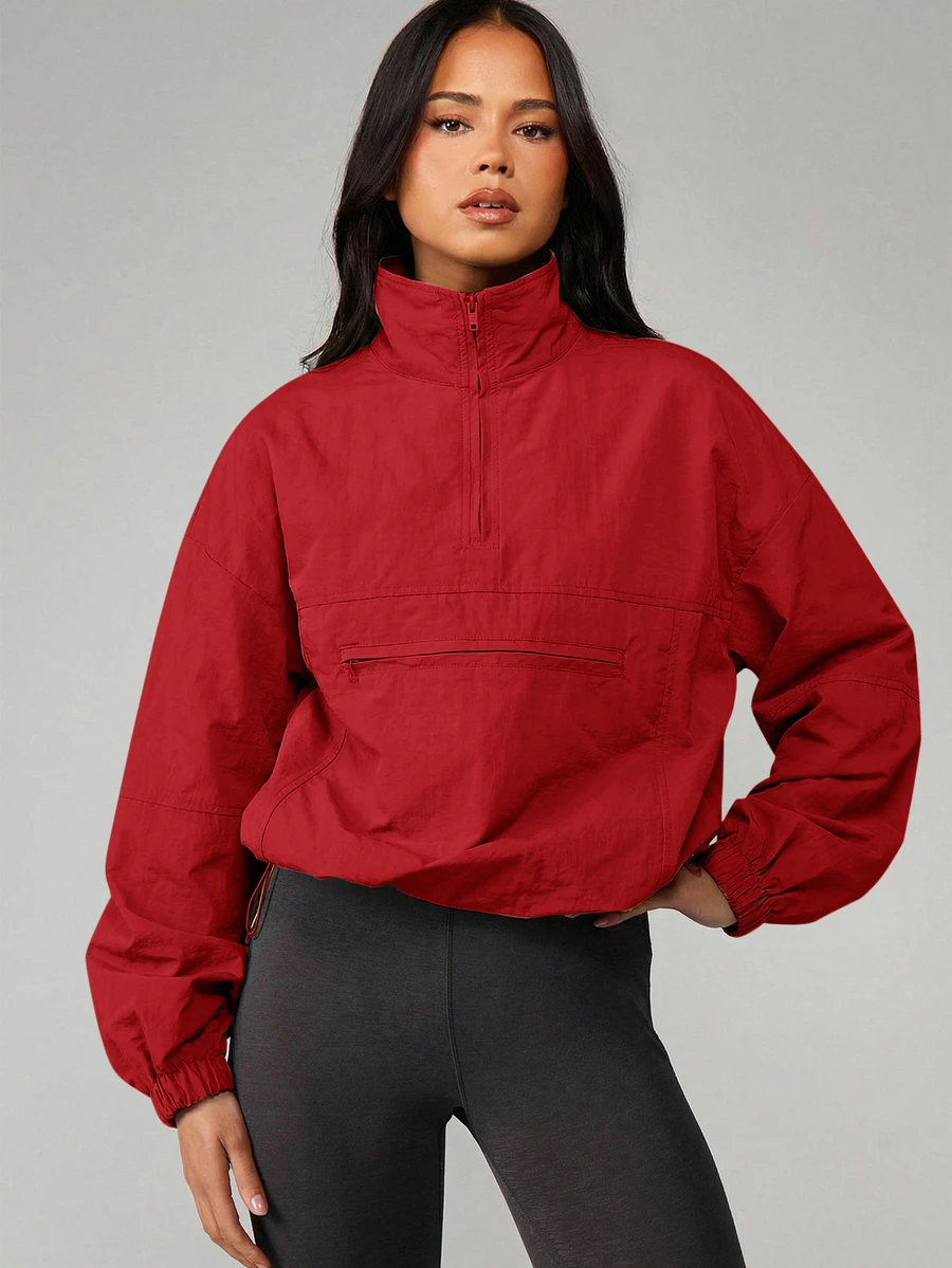 MISSGUIDED Chaqueta cortavientos oversized con media cremallera, puños elásticos y bolsillo delantero con cremallera para otoño - Rojo - Ver 1