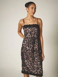 KSTM Leopard Print Satin Slip Midi Dress With Lace Trim Scallop Hem Drawstring Waist Spaghetti Straps Summer Party - Multicolor - View 5