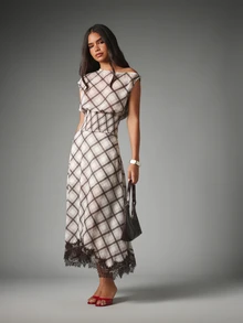 MISSGUIDED Plaid Check Print Midi Skirt With Lace Trim Hem And Asymmetric Handkerchief Hemline Spring Summer - Multicolor - View 2