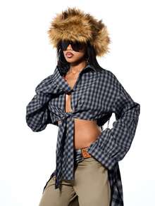 SUMWON WOMEN Gaun Kemeja Flanel Kotak-kotak Ukuran Besar dengan Bagian Belakang Panjang, Ikat Depan, Model Crop, Kancing Depan, Atasan Musim Gugur/Musim Dingin - Navy Blue - View 4