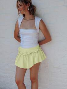 Pimkie Edition Solid Color Asymmetric Hem Ruffle Skort - Yellow - View 1