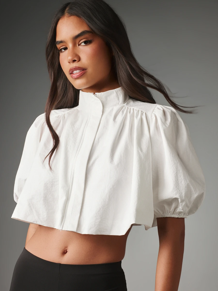 MISSGUIDED Puff Sleeve Cropped Blouse With High Neck And Gathered Pleated Detail Perfect For Summer Occasions - White - View 1