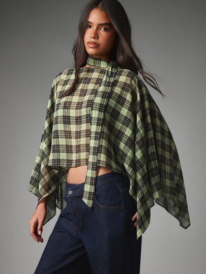 MISSGUIDED Bluză poncho tip capă în carouri tartan, cu guler înalt și mâneci fluture, top scurt țesut, modă toamnă-iarnă