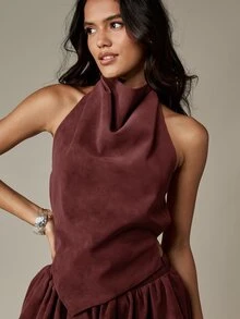 MISSGUIDED 垂領掛脖泡泡迷你連身短褲 背露麂皮連身褲 派對夜出秋季款 - 酒紅色 - 查看 3