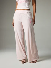 BABYPHAT Velvet Wide Leg Casual Pants With Embroidered Logo And Script Buttock Print Elastic Waist Full Length - Baby Pink - View 3