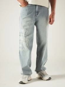 SUMWON Wide Leg Graphic Print Denim Jeans With Creative Slogan And Washed Finish For Casual Street Style - Blue - View 4