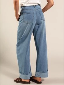 Rouah Jeans cómodos y holgados de pierna ancha con dobladillo enrollado para mujer - Jeans de vacaciones, jeans diarios, denim casual, denim de verano, denim de otoño - Lavado ligero - Ver 2