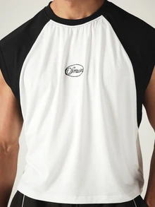 SUMWON Crop Fit Raglan Sleeveless Color Block Crew Neck Muscle Tee With Oval Logo Print On Chest For Casual Summer Wear - Black and White - View 5