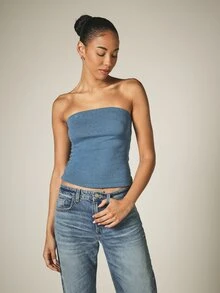 KSTM Strapless Ribbed Knit Corset Crop Top With Button Back Closure Fitted Tube Bandeau Summer Night Out Style - Dusty Blue - View 4