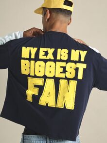 SUMWON Men's Oversized Boxy Crop Navy T-Shirt With Varsity Letter Chest Print And Humorous Back Slogan Collegiate Style - Royal Blue - View 1