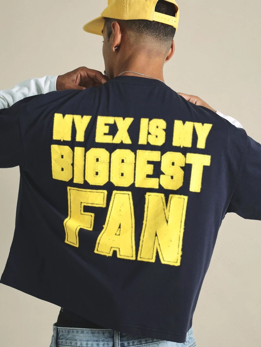 SUMWON Men's Oversized Boxy Crop Navy T-Shirt With Varsity Letter Chest Print And Humorous Back Slogan Collegiate Style - Royal Blue - View 1