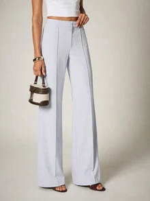 KSTM High-Rise Wide Leg Dress Pants With Front Pleat Detail, Full Length Tailored Trousers For Office Work Casual Elegant Wear Light Blue Summer - Baby Blue - View 3