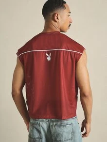 PLAYBOY X SUMWON Number 53 Graphic Mesh Jersey Sleeveless Crop Top With Contrast Piping Detail - Red - View 6