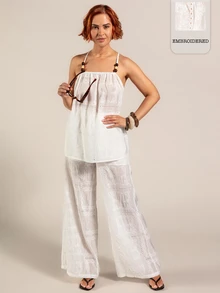 Rouah Womens Longline Lace Cut Out Cami Top With Beaded Straps And Wide Leg Trouser Pant Set - Summer Set, Top And Trouser Set, Vacay Outfit, Premium 2 Piece Set - White - View 1