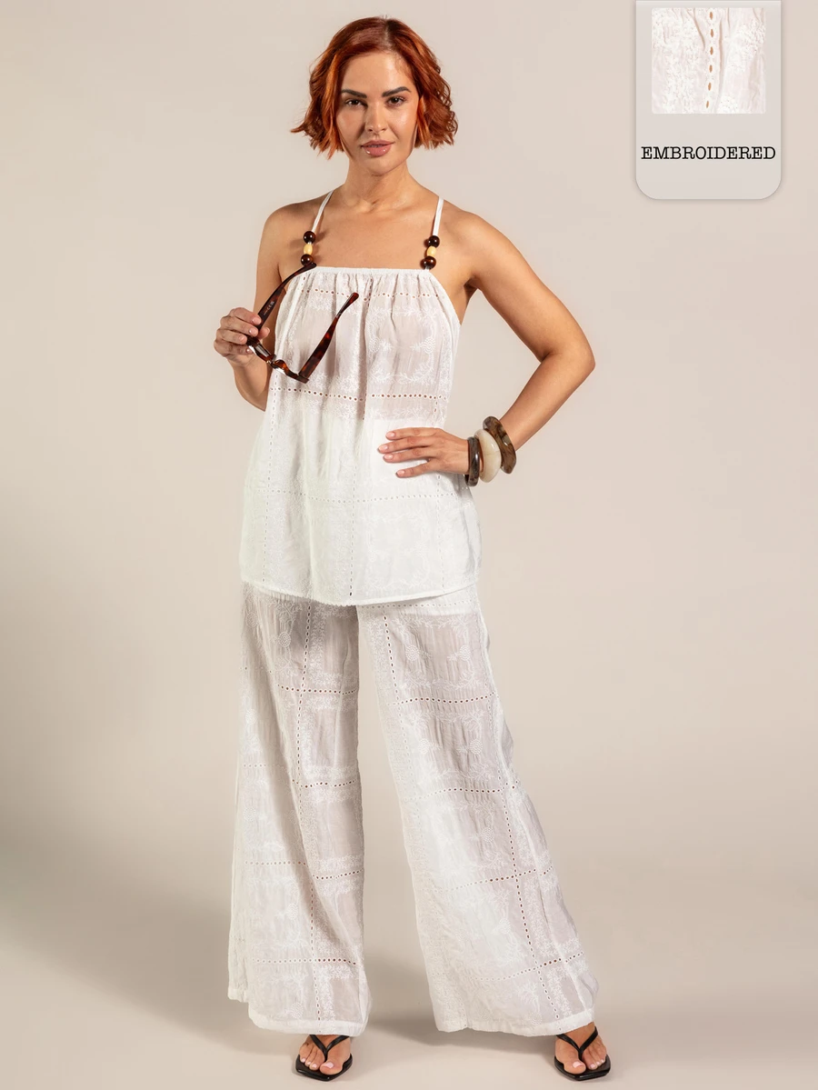 Rouah Womens Longline Lace Cut Out Cami Top With Beaded Straps And Wide Leg Trouser Pant Set - Summer Set, Top And Trouser Set, Vacay Outfit, Premium 2 Piece Set - White - View 1