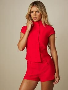 MISSGUIDED Structured High Neck Cap Sleeve Blouse With Asymmetric Front Panel Detail For Evening And Party Occasions - Red - View 5