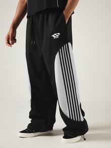 SUMWON Color Block Wide Leg Track Pants With Striped Panel And Drawstring Waist Street Style Casual Joggers - Black - View 1
