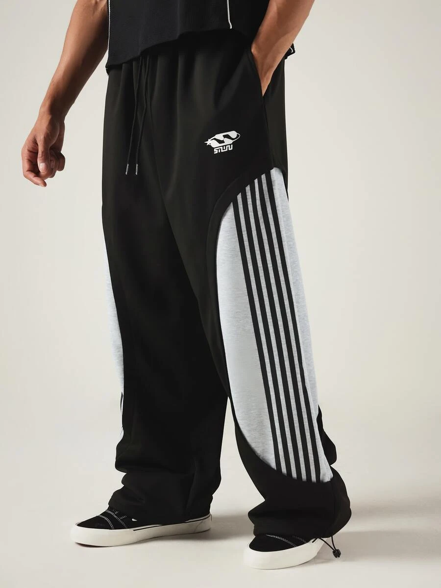 SUMWON Color Block Wide Leg Track Pants With Striped Panel And Drawstring Waist Street Style Casual Joggers - Black - View 1