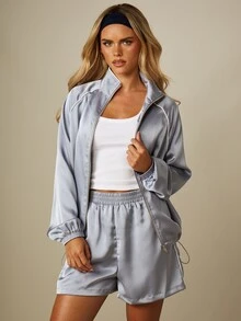 MISSGUIDED Satin Zip-Up Track Jacket And Wide Leg Shorts Co-Ord Set With Contrast Piping And Elasticated Hem Everyday Travel Dusty Blue Autumn Casual - Light Grey - View 6
